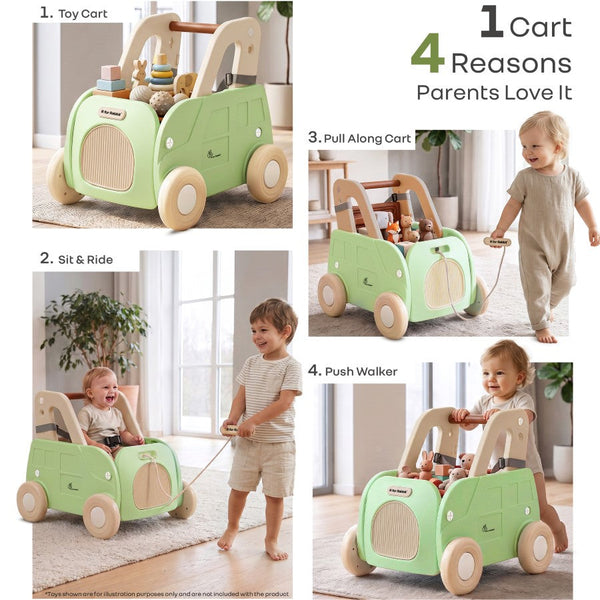 R for Rabbit Kiddie Kart Ride-On & Push Walker 4 in 1 0–3Y Up to 20kg – Green Beige