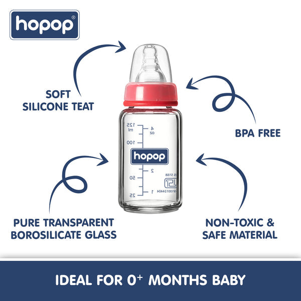 Hopop Glass Feeding Bottle Slim Neck 4Oz 120Ml (Asst Color)
