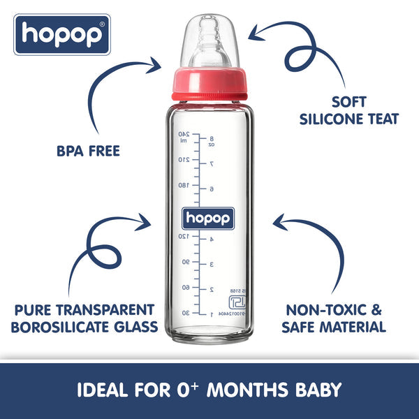 Hopop Glass Feeding Bottle Slim Neck 8Oz 240Ml (Asst Color)