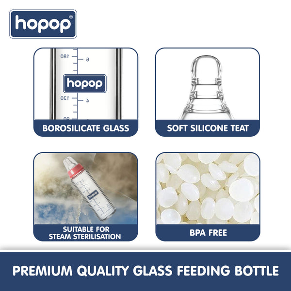 Hopop Glass Feeding Bottle Slim Neck 8Oz 240Ml (Asst Color)