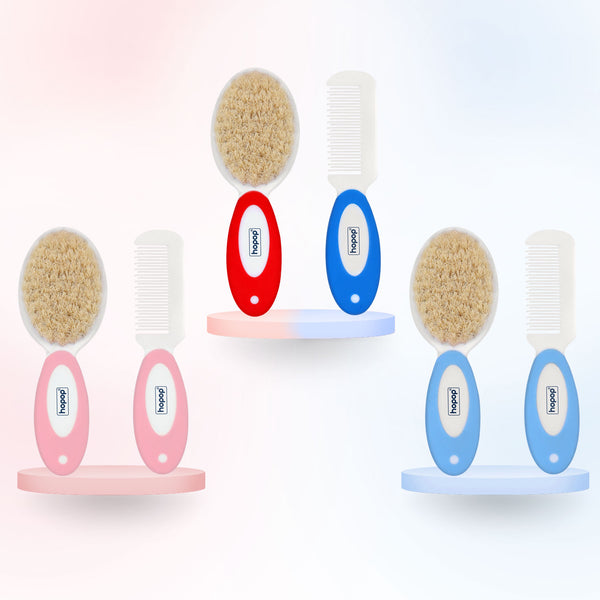 Hopop Baby Natural Bristle Hair Brush & Rounded Teeth Comb Set One Size Red-Blue
