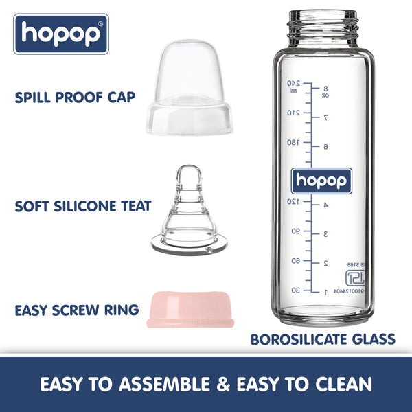 Hopop Glass Feeding Bottle Slim Neck 8Oz 240Ml (Asst Color)