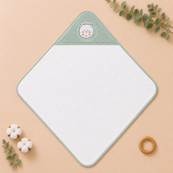 Babiano Teddy Bear Baby Hooded Towel – White & Sea Green