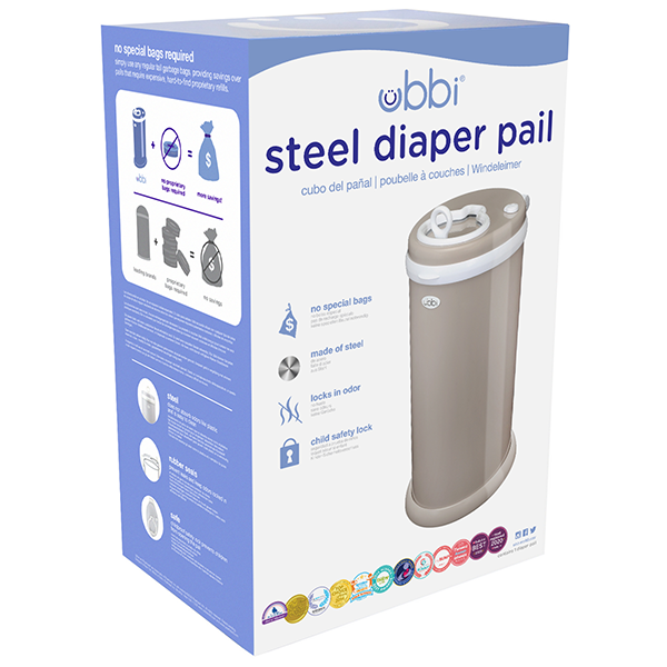 Ubbi Stainless Steel Diaper Pail with Child Safety Lock - Taupe