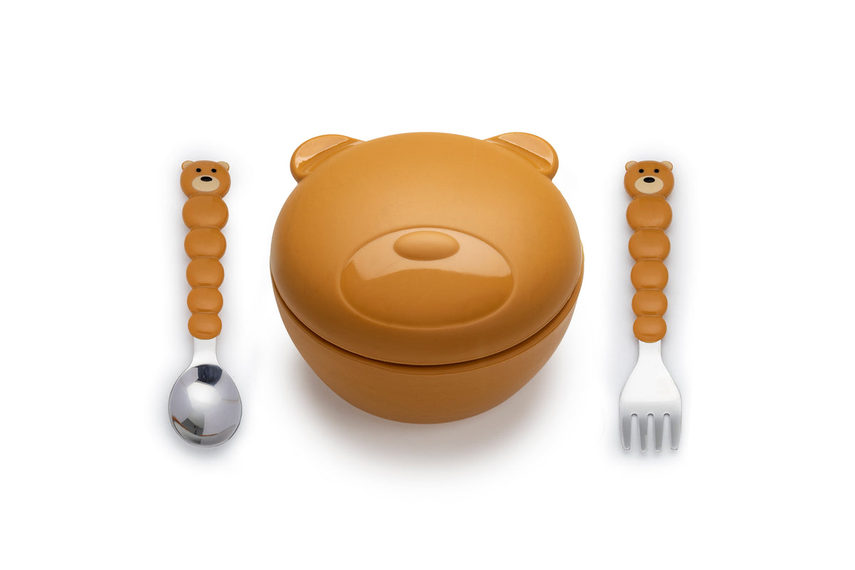 Melii Silicone Bowl with Lid & Utensils - Bear Brown