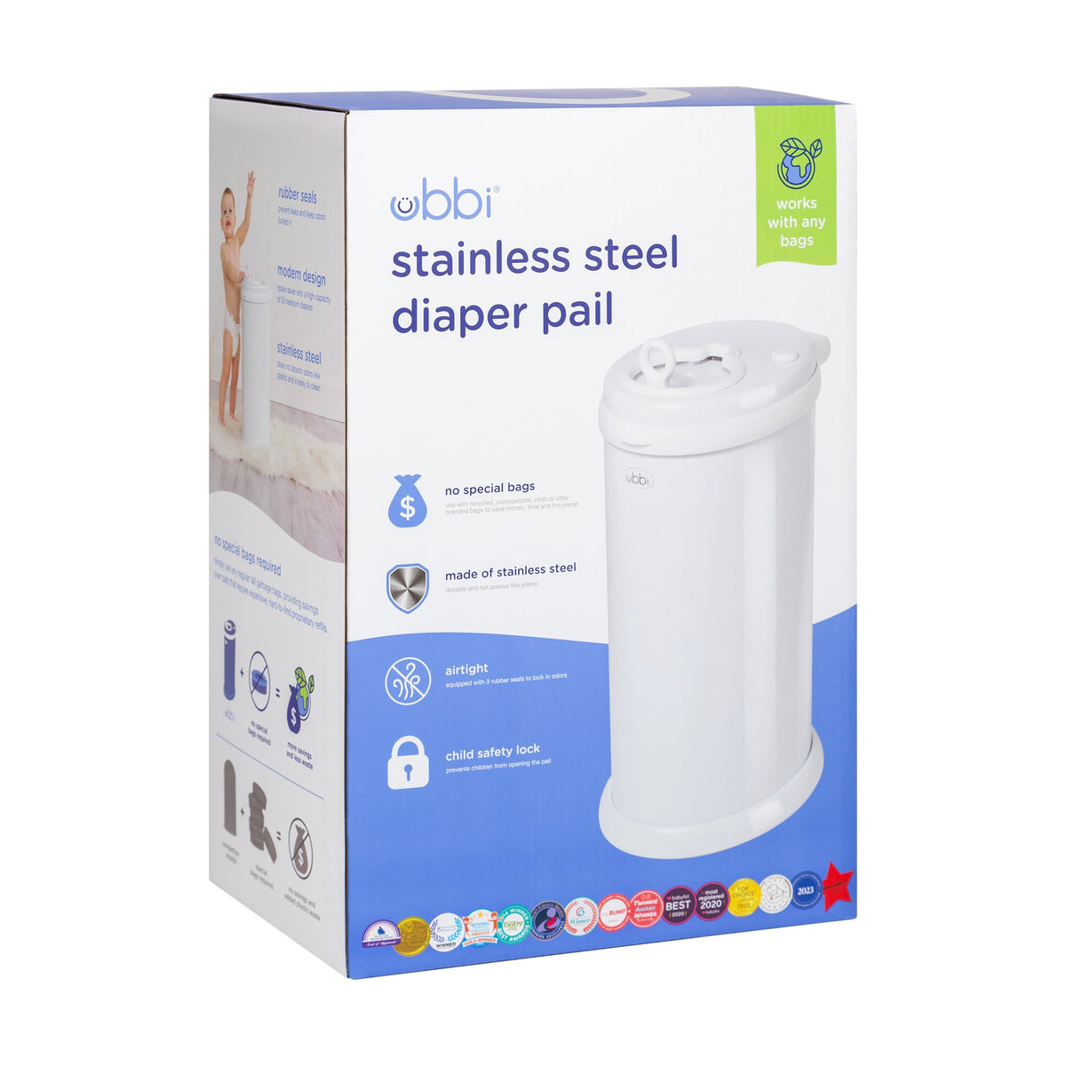 Ubbi Stainless Steel Diaper Pail with Child Safety Lock - Matte White
