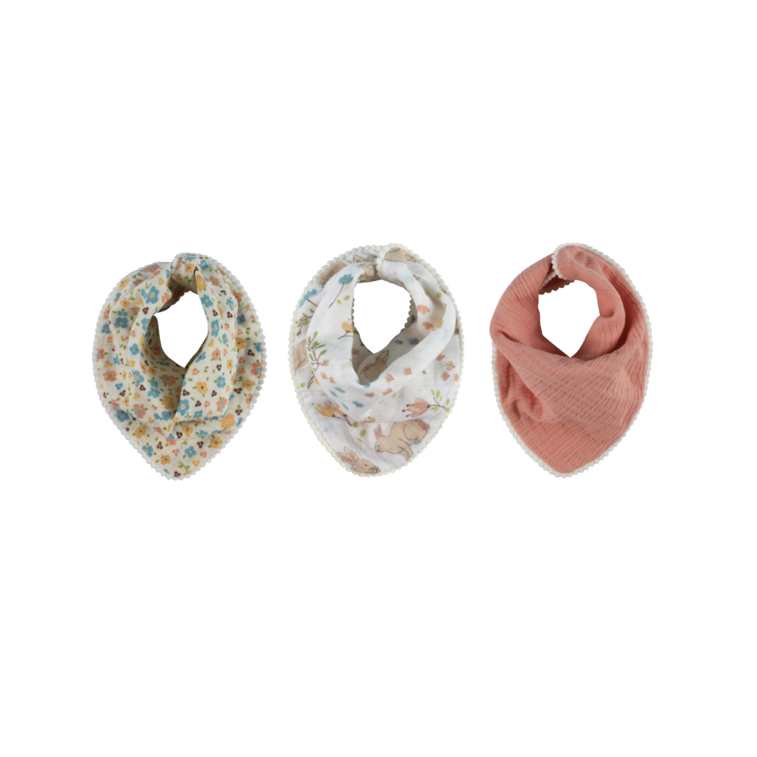 Abracadabra Muslin Bandana Bibs – Bunny Garden, Pack of 3