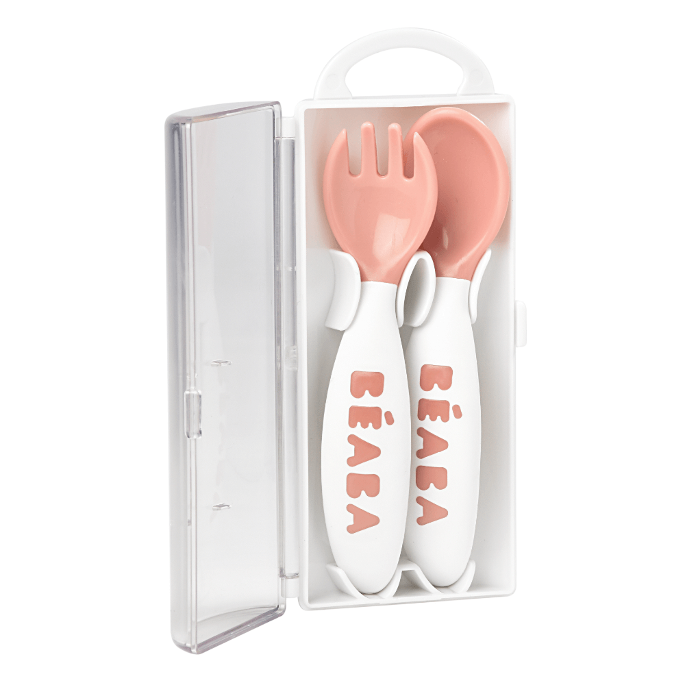 BÉABA 2nd Stage Training Spoon & Fork Set with Case – Vintage Pink