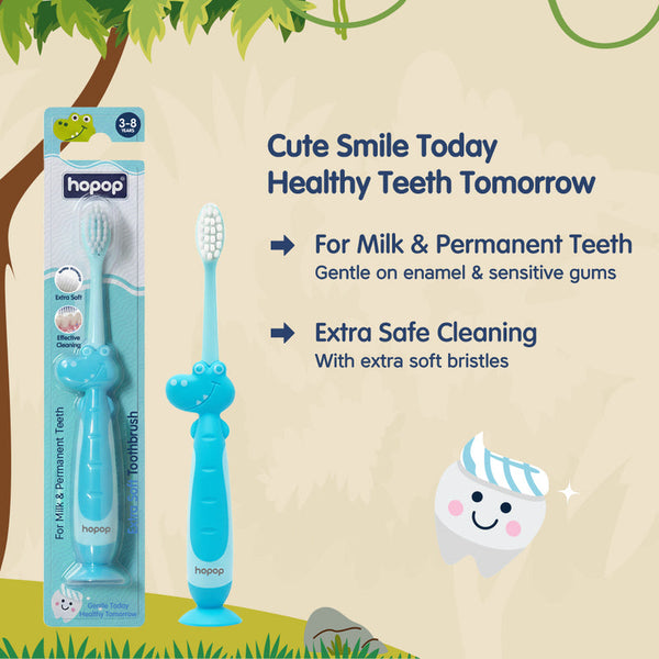 Hopop Kids Toothbrush for 3–8 Years | Extra Soft Bristles | Crocodile Design