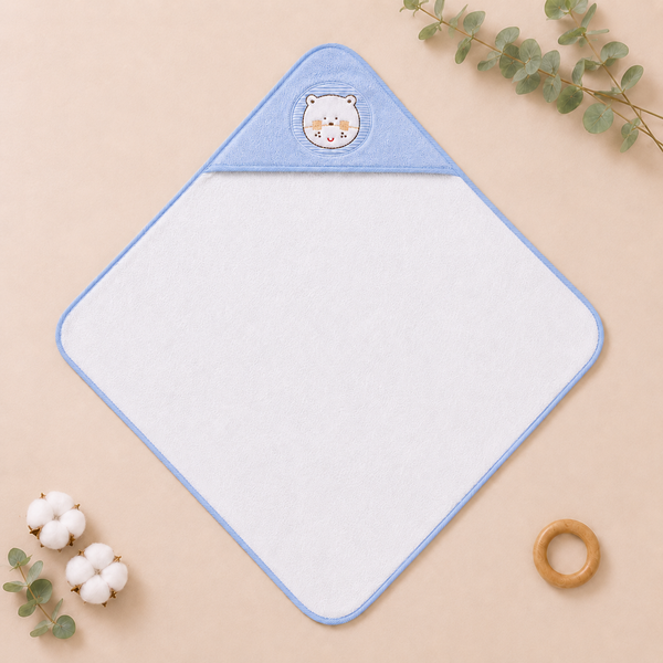 Babiano Teddy Bear Baby Hooded Towel – White & Sky Blue