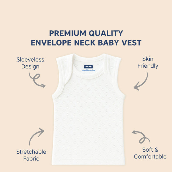 Hopop Envelope Neck Sleeveless Solid Patterned Cotton Vest - White