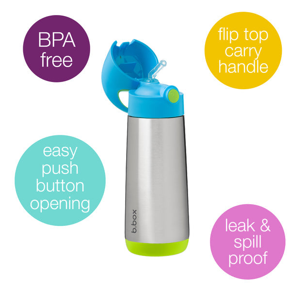 B Box Insulated Straw Sipper Drink Water Bottle 500Ml - Ocean Breeze Blue Green