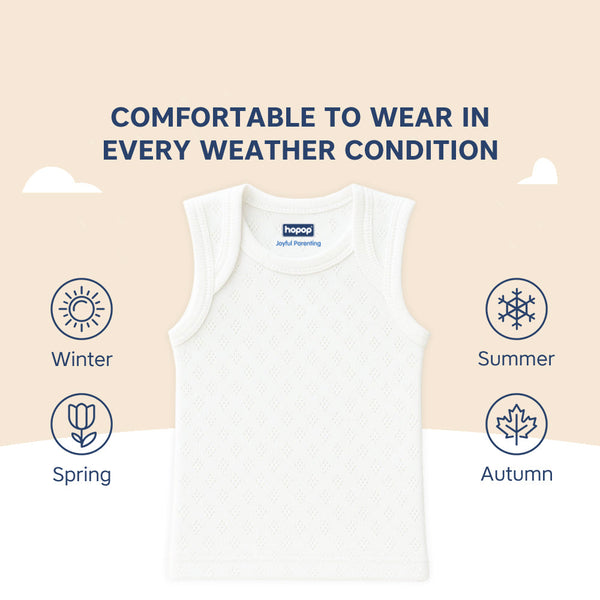 Hopop Envelope Neck Sleeveless Solid Patterned Cotton Vest - White