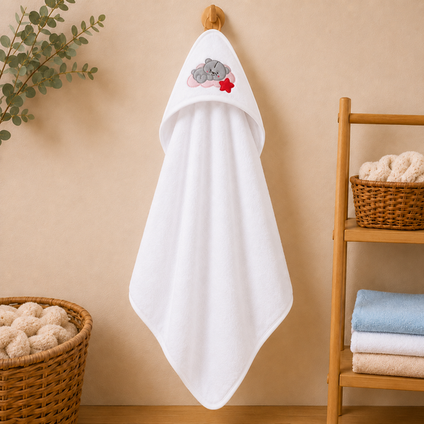Babiano Sleeping Teddy Hooded Baby Towel – White