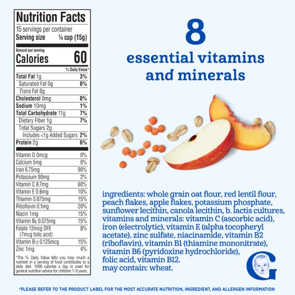 Gerber Powerblend Probiotic Cereal Oatmeal Lentil Peach Apple – 8+ Months