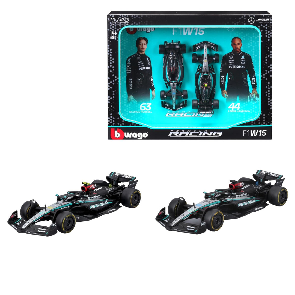 Bburago 1/43 Mercedes-AMG W15 Performance Set of 2 F1 Models #44 Lewis Hamilton #63 George Russel