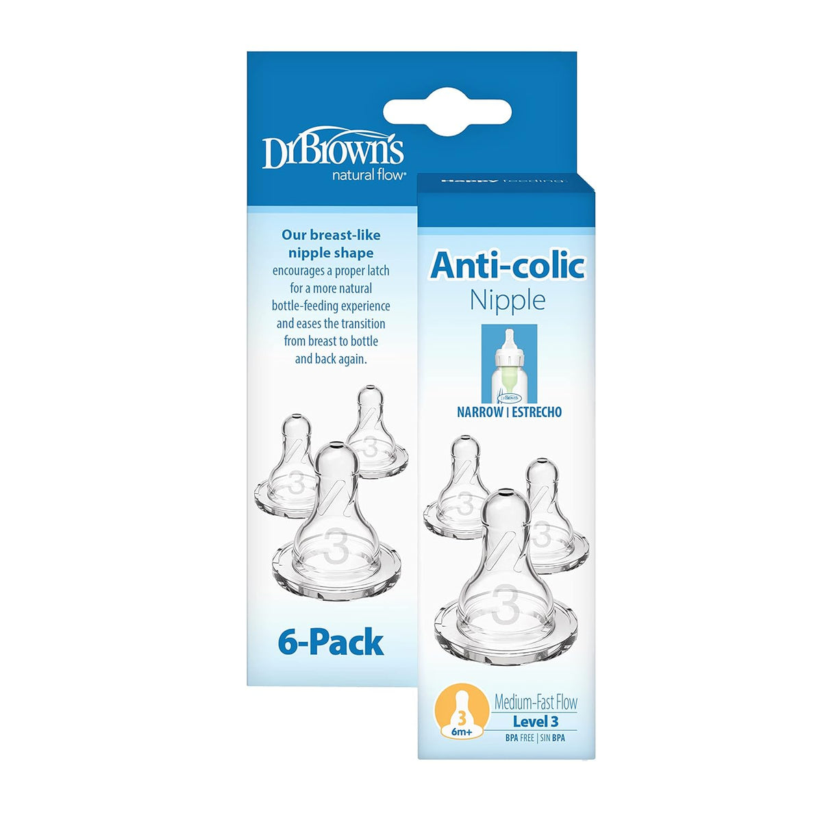 Dr. Brown’s Natural Flow Narrow Bottle Nipple Level 3 6 Pack