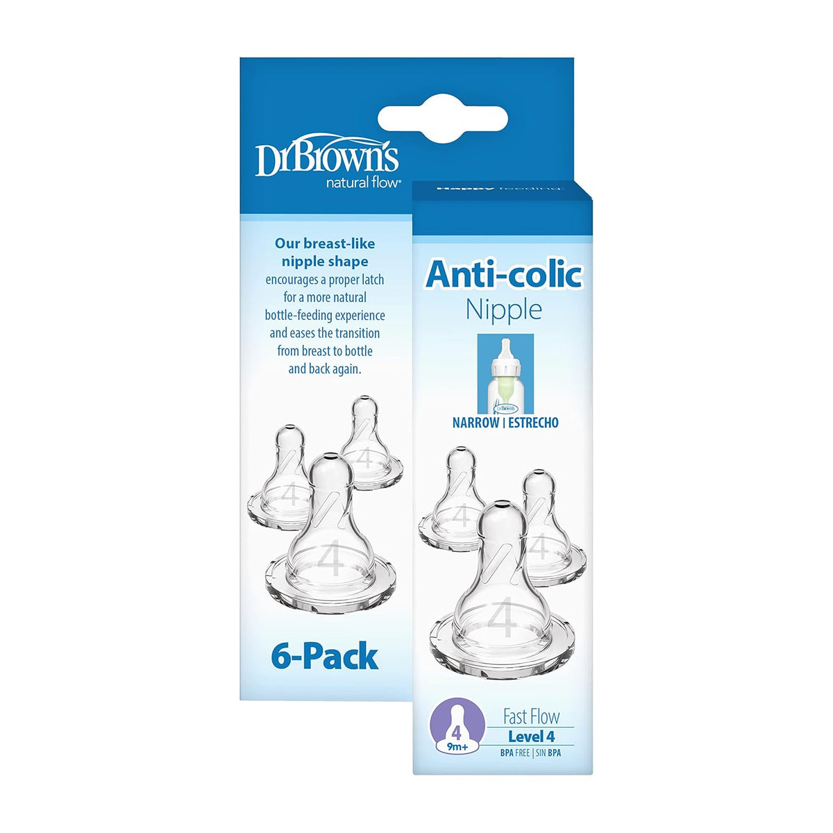 Dr. Brown's Natural Flow Narrow Bottle Nipple Level 4 9M+ Pack of 6