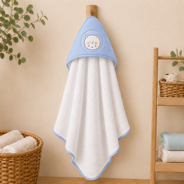 Babiano Teddy Bear Baby Hooded Towel – White & Sky Blue