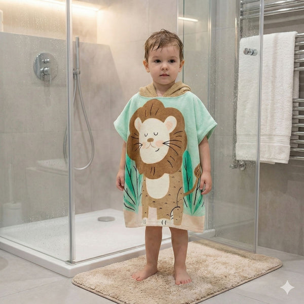 Quad Seven Roaring Cute Lion Hooded Towel Poncho for Kids (2–4 Years) – Soft & Absorbent Beach & Bath Robe