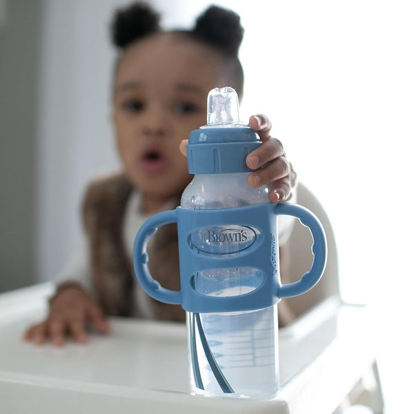 Dr. Brown’s Milestones Narrow Sippy Spout Bottle with Silicone Handles, 8oz/250mL, 6m+, Lt Blue & Lt Gray, 2-Pack