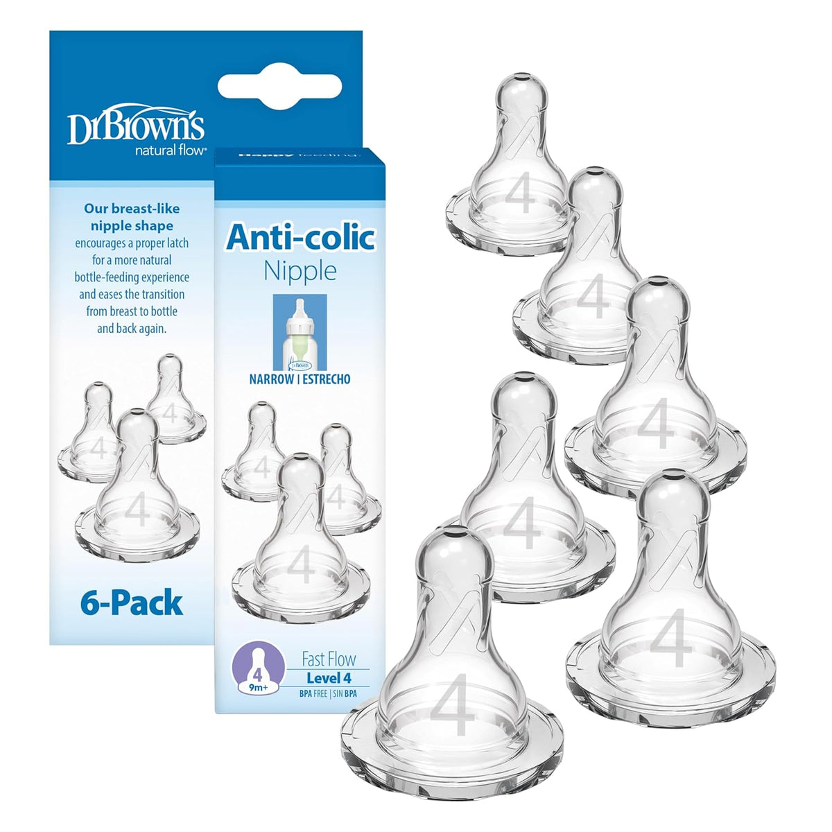 Dr. Brown's Natural Flow Narrow Bottle Nipple Level 4 9M+ Pack of 6