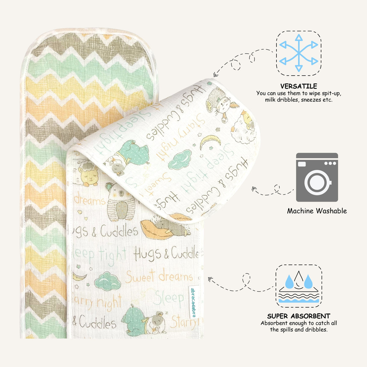 Abracadabra Sleepy Friends Muslin Burp Pads – Pack of 2