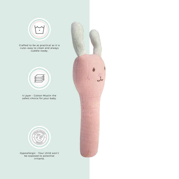 Abracadabra Organic Cotton Bunny Face Rattle – Pink | 3M+