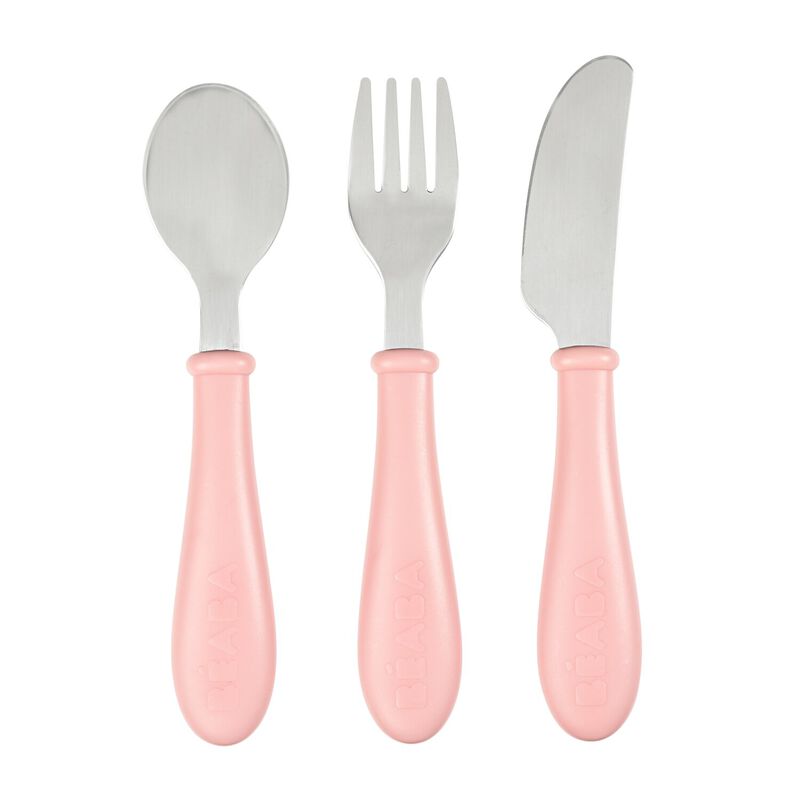 Béaba 3-Piece Stainless Steel Learning Cutlery Set – Old Pink