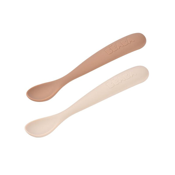 Béaba 1st Stage Silicone Spoon Set with Carry Box 2 Pack 4M+ – Clay / Praline