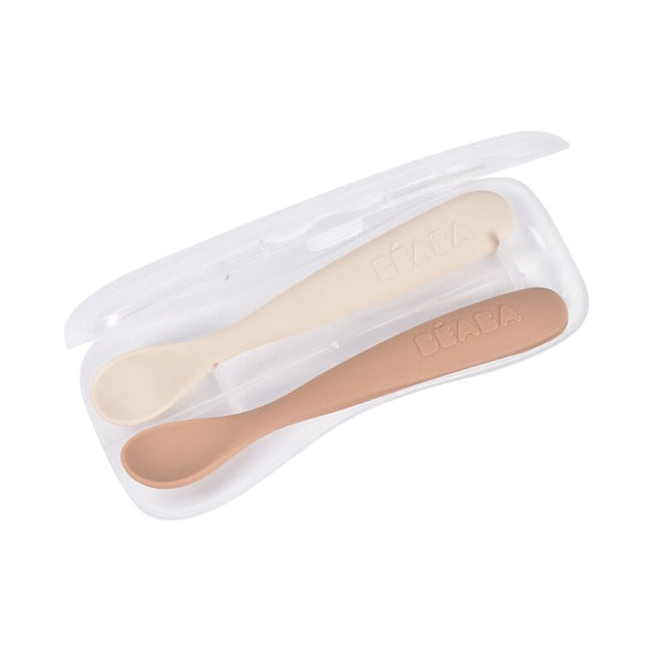 Béaba 1st Stage Silicone Spoon Set with Carry Box 2 Pack 4M+ – Clay / Praline