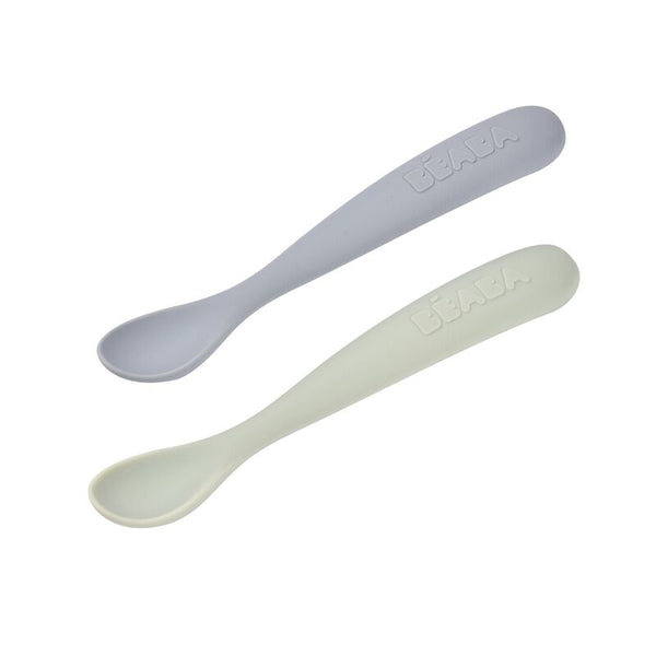 Béaba 1st Stage Silicone Spoon Set with Carry Box 2 Pack 4M+ – Pebble / Green of Grey