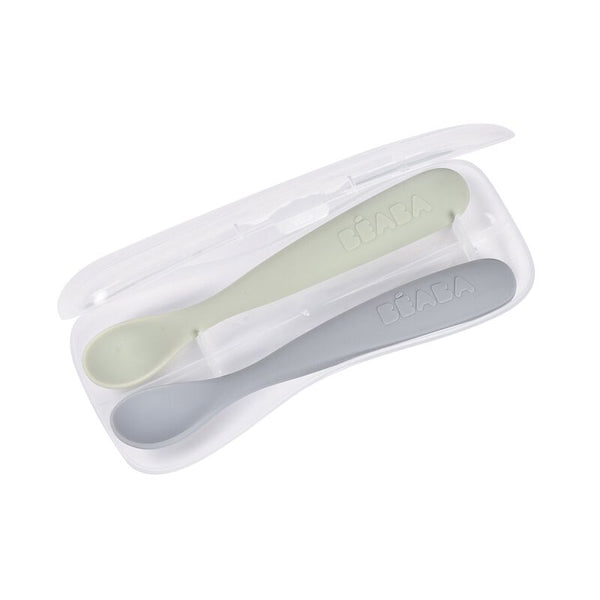 Béaba 1st Stage Silicone Spoon Set with Carry Box 2 Pack 4M+ – Pebble / Green of Grey