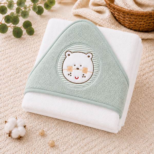 Babiano Teddy Bear Baby Hooded Towel – White & Sea Green