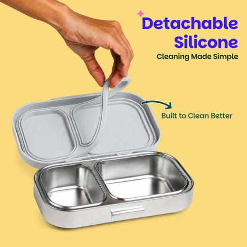 Basil Bento Ace 2 Compartment Stainless Steel Lunchbox 600 ml Classic Grey