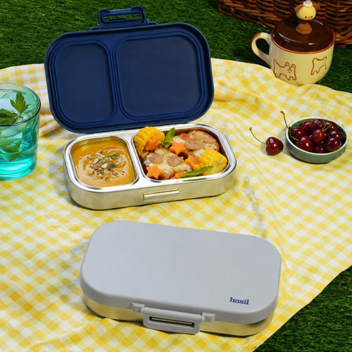 Basil Bento Ace 2 Compartment Stainless Steel Lunchbox 600 ml Classic Grey
