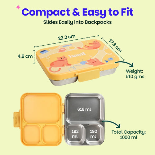 Basil Bento Ace 3-Compartment Stainless Steel Lunchbox 1000 ml Kitty Party
