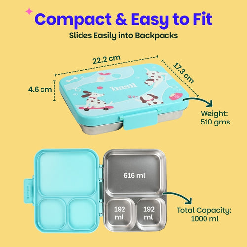 Basil Bento Ace 3 Compartment Stainless Steel Lunchbox 1000 ml Wiggly Woof