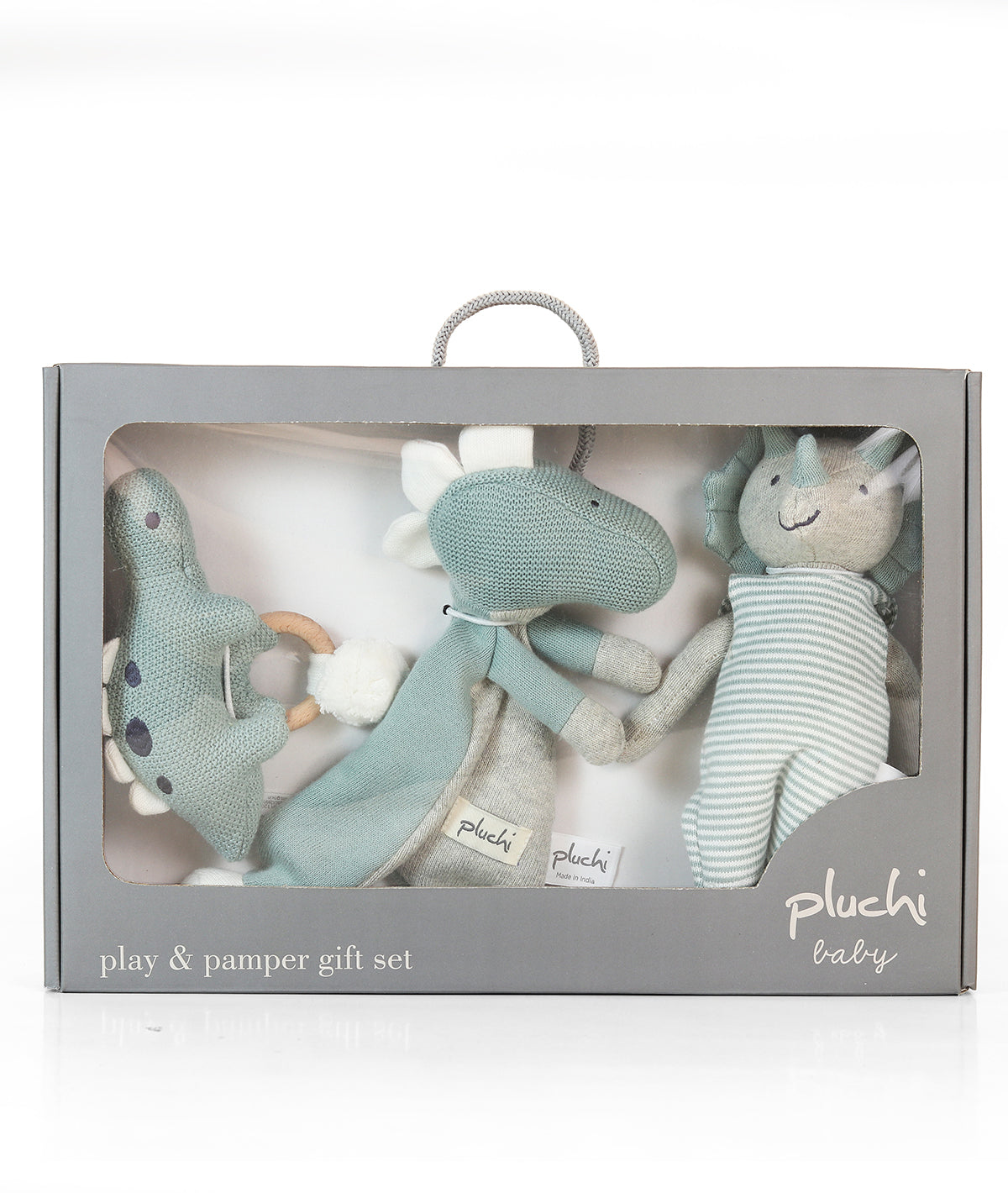 Pluchi Dino Play & Pamper Gift Bundle - (Set of 3 - Soft Toy, Cuddle Cloth & Ring Rattle)