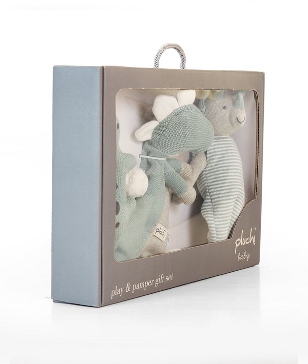 Pluchi Dino Play & Pamper Gift Bundle - (Set of 3 - Soft Toy, Cuddle Cloth & Ring Rattle)