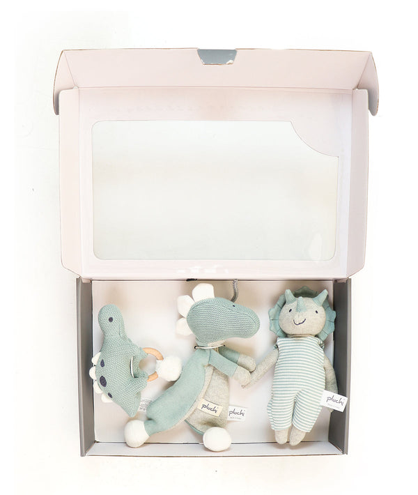 Pluchi Dino Play & Pamper Gift Bundle - (Set of 3 - Soft Toy, Cuddle Cloth & Ring Rattle)