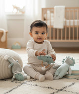 Pluchi Dino Play & Pamper Gift Bundle - (Set of 3 - Soft Toy, Cuddle Cloth & Ring Rattle)