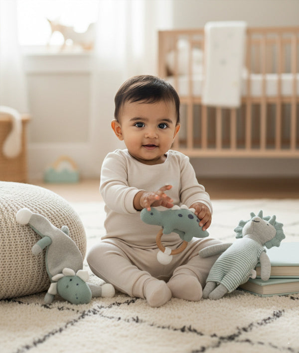 Pluchi Dino Play & Pamper Gift Bundle - (Set of 3 - Soft Toy, Cuddle Cloth & Ring Rattle)