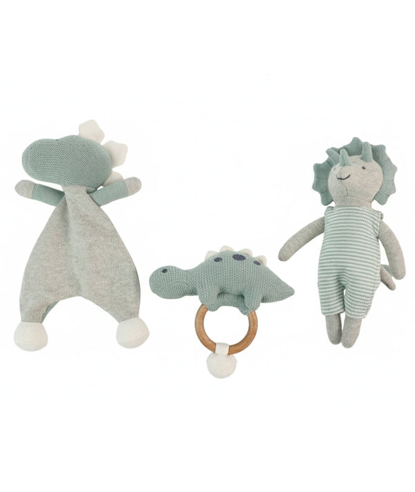 Pluchi Dino Play & Pamper Gift Bundle - (Set of 3 - Soft Toy, Cuddle Cloth & Ring Rattle)