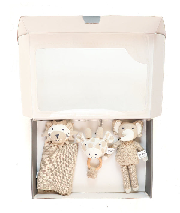 Pluchi Jungle Safari Play & Pamper Gift Bundle - (Set of 3 - Soft Toy, Cuddle Cloth & Ring Rattle)