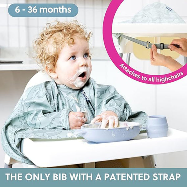 Bibado Long Sleeve Coverall Weaning Bib Dino Roar Grey