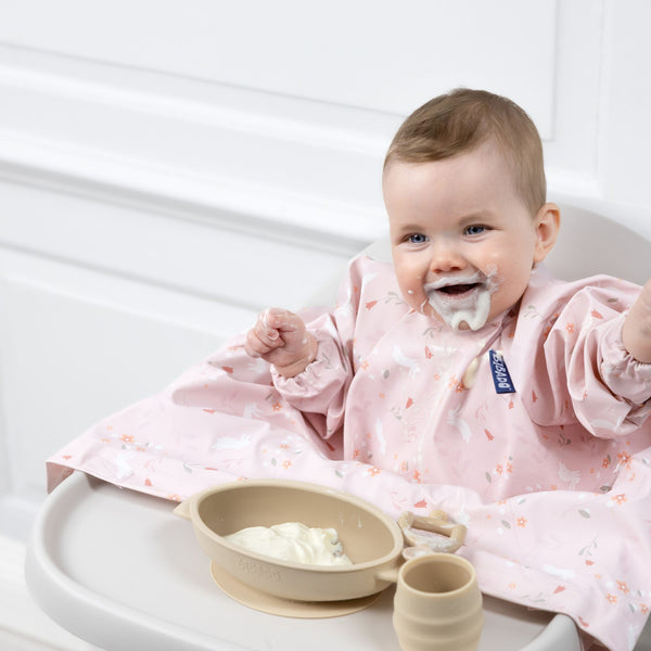 Bibado Long Sleeve Coverall Weaning Bib Botanical Bunnies Pink