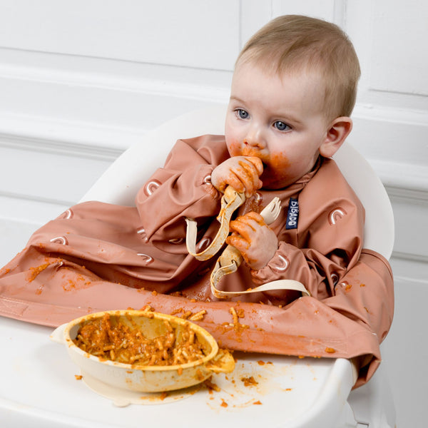 Bibado Long Sleeve Coverall Weaning Bib Chasing Rainbows Brown