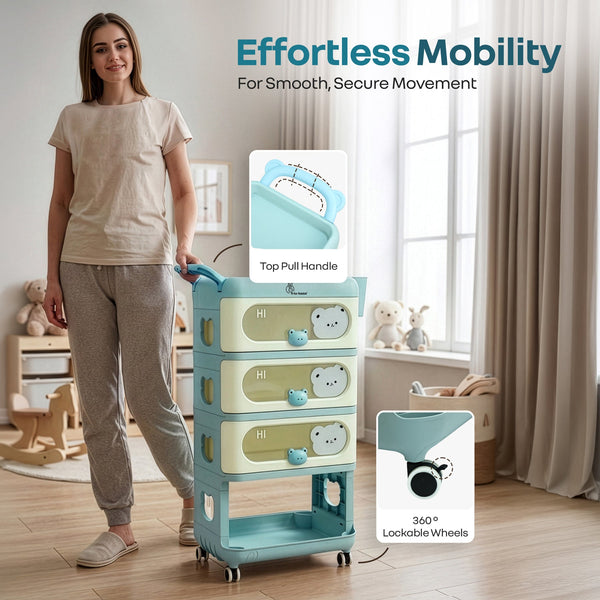 R For Rabbit Kiddo Korner Bear Baby Storage Organizer with 3 Drawers, Open Storage, 360° Wheels & Detachable Basket