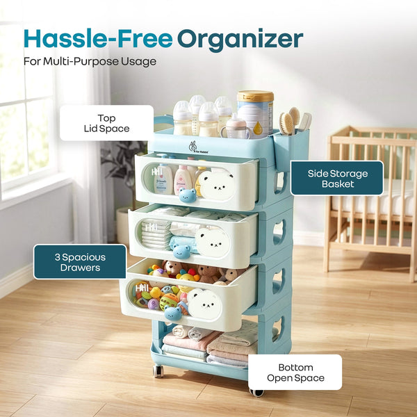 R For Rabbit Kiddo Korner Bear Baby Storage Organizer with 3 Drawers, Open Storage, 360° Wheels & Detachable Basket